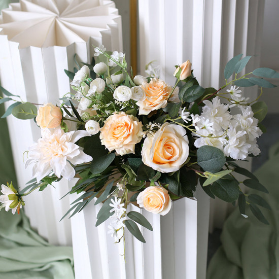 beige & green wedding flowers, beige artificial wedding flowers, diy wedding flowers, wedding faux flowers