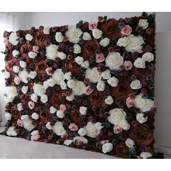 big brown and white rose cloth flower wall fabric rollin up reed pampas grass curtain floral wall wedding backdrop party event props