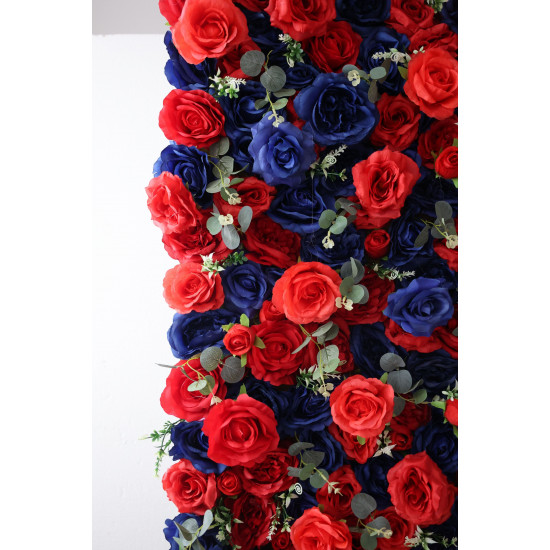 blue and red roses and green leaves cloth roll up flower wall fabric hanging curtain plant wall event party wedding backdrop