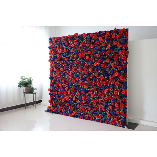 blue and red roses and green leaves cloth roll up flower wall fabric hanging curtain plant wall event party wedding backdrop