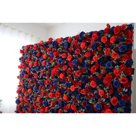 blue and red roses and green leaves cloth roll up flower wall fabric hanging curtain plant wall event party wedding backdrop