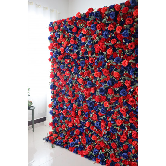 blue and red roses and green leaves cloth roll up flower wall fabric hanging curtain plant wall event party wedding backdrop