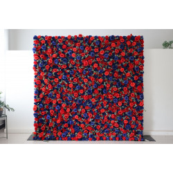 blue and red roses and green leaves cloth roll up flower wall fabric hanging curtain plant wall event party wedding backdrop