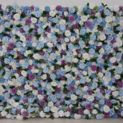 blue and white roses purple lasagna daisies and green leaves cloth roll up flower wall fabric hanging curtain plant wall event party wedding backdrop