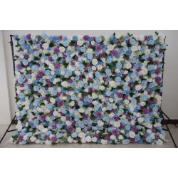 blue and white roses purple lasagna daisies and green leaves cloth roll up flower wall fabric hanging curtain plant wall event party wedding backdrop