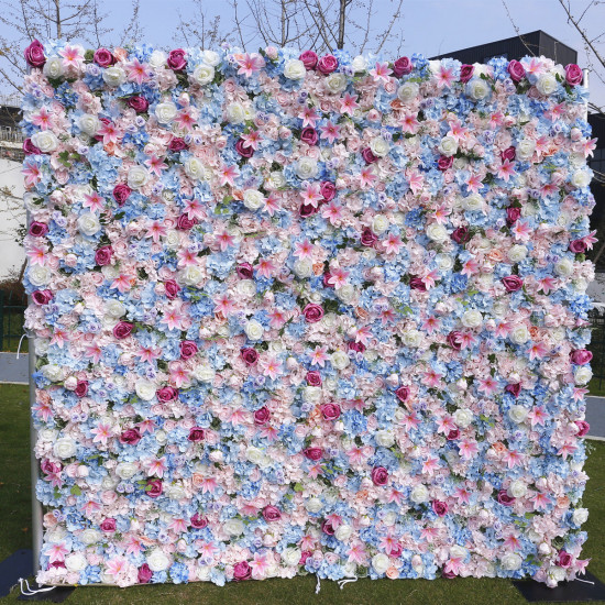 blue hydrangea and white roses and pink lilies artificial flower wall backdrop