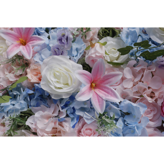 blue hydrangea and white roses and pink lilies artificial flower wall backdrop