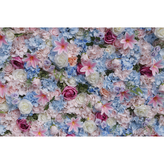 blue hydrangea and white roses and pink lilies artificial flower wall backdrop