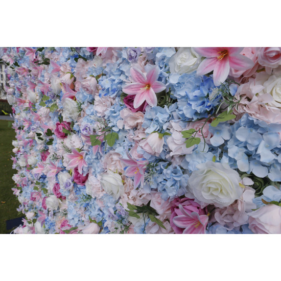 blue hydrangea and white roses and pink lilies artificial flower wall backdrop