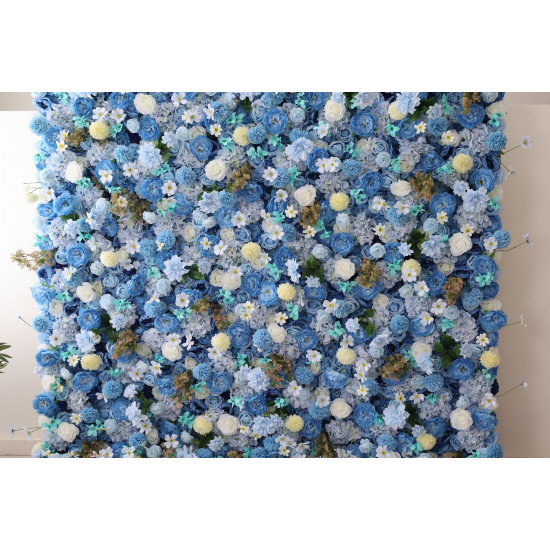 blue roses and hydrangeas and lasagna daisies cloth roll up flower wall fabric hanging curtain plant wall event party wedding backdrop