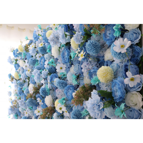 blue roses and hydrangeas and lasagna daisies cloth roll up flower wall fabric hanging curtain plant wall event party wedding backdrop