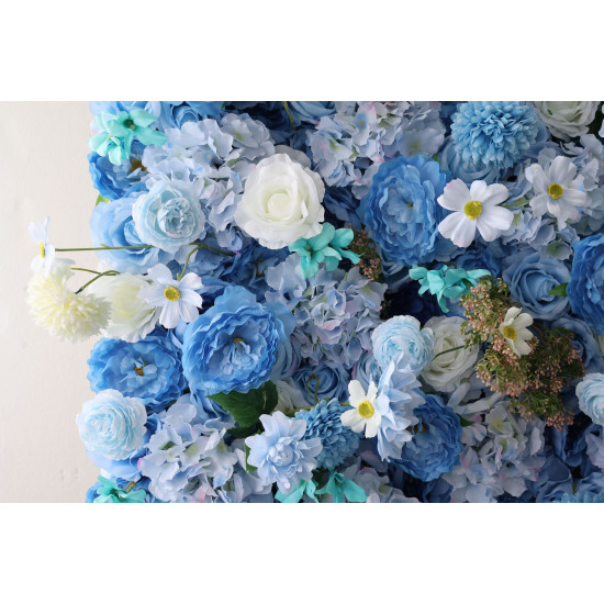 blue roses and hydrangeas and lasagna daisies cloth roll up flower wall fabric hanging curtain plant wall event party wedding backdrop