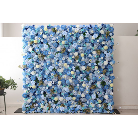 blue roses and hydrangeas and lasagna daisies cloth roll up flower wall fabric hanging curtain plant wall event party wedding backdrop