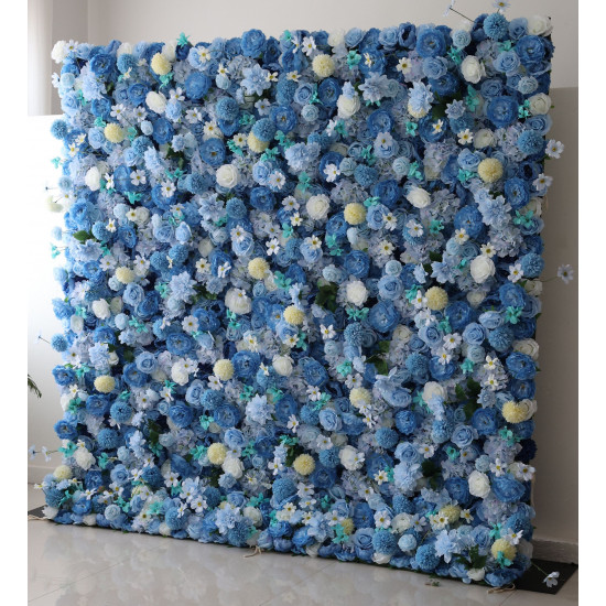 blue roses and peonies and lasagna daisies cloth roll up flower wall fabric hanging curtain plant wall event party wedding backdrop