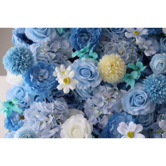 blue roses and peonies and lasagna daisies cloth roll up flower wall fabric hanging curtain plant wall event party wedding backdrop