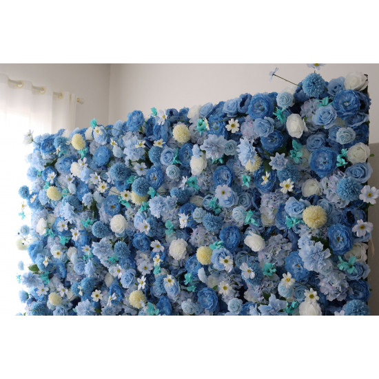 blue roses and peonies and lasagna daisies cloth roll up flower wall fabric hanging curtain plant wall event party wedding backdrop