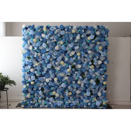 blue roses and peonies and lasagna daisies cloth roll up flower wall fabric hanging curtain plant wall event party wedding backdrop