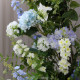 light blue, white, green arch flowers, blue artificial wedding flowers, diy wedding flowers, wedding faux flowers