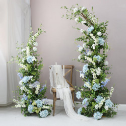 light blue, white, green arch flowers, blue artificial wedding flowers, diy wedding flowers, wedding faux flowers