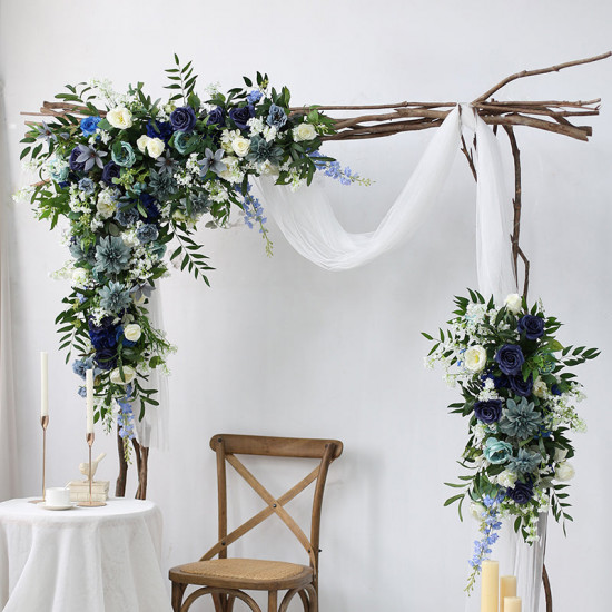 blue wedding arch flowers, blue artificial wedding flowers, diy wedding flowers, wedding faux flowers