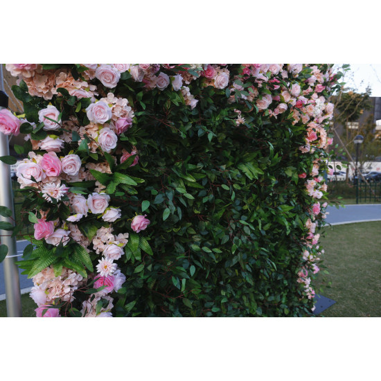 green leaves pink rose faux floral wall backdrop