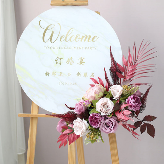 floral arrangement for signage, wedding welcome signage, shop open signage, direction signs silk flowers