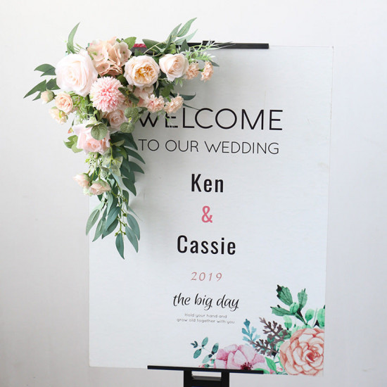 floral arrangement for signage, wedding welcome signage, shop open signage, direction signs silk flowers