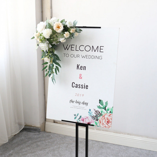 floral arrangement for signage, wedding welcome signage, shop open signage, direction signs silk flowers