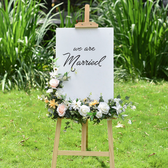 floral arrangement for signage, wedding welcome signage, shop open signage, direction signs silk flowers