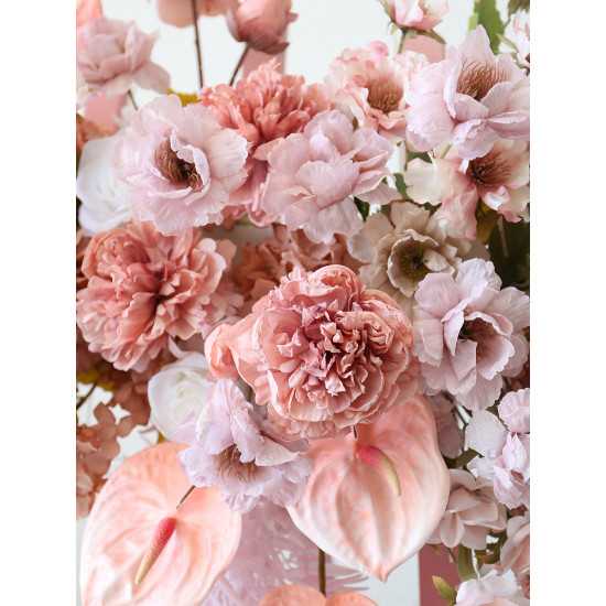 pink floral arrangement for signage, wedding welcome signage, shop open signage, direction signs silk flowers