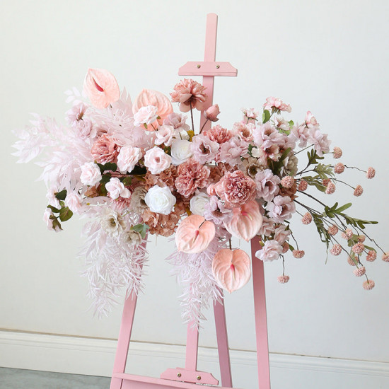 pink floral arrangement for signage, wedding welcome signage, shop open signage, direction signs silk flowers