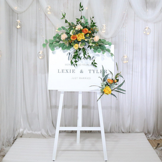 floral arrangement for signage, wedding welcome signage, shop open signage, direction signs silk flowers