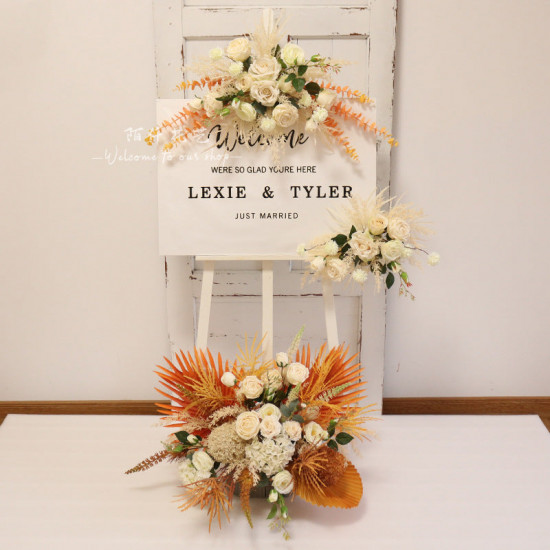 floral arrangement for signage, wedding welcome signage, shop open signage, direction signs silk flowers