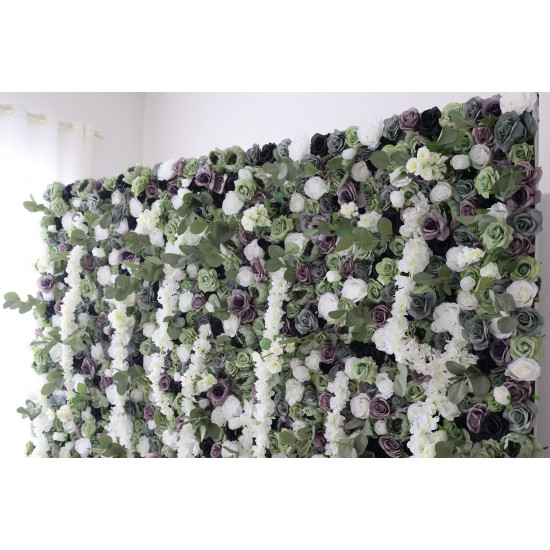 green and purple and white roses and peonies and green leaves cloth roll up flower wall fabric hanging curtain plant wall event party wedding backdrop