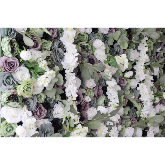 green and purple and white roses and peonies and green leaves cloth roll up flower wall fabric hanging curtain plant wall event party wedding backdrop