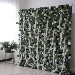 green and purple and white roses and peonies and green leaves cloth roll up flower wall fabric hanging curtain plant wall event party wedding backdrop