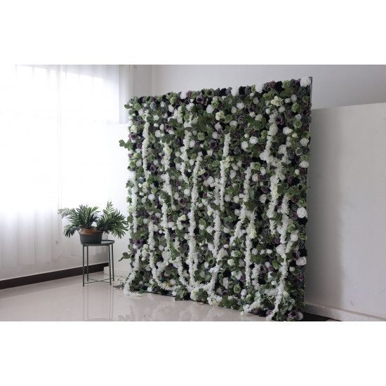 green and purple and white roses and peonies and green leaves cloth roll up flower wall fabric hanging curtain plant wall event party wedding backdrop