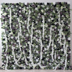 green and purple and white roses and peonies and green leaves cloth roll up flower wall fabric hanging curtain plant wall event party wedding backdrop