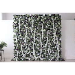 green and purple and white roses and peonies and green leaves cloth roll up flower wall fabric hanging curtain plant wall event party wedding backdrop