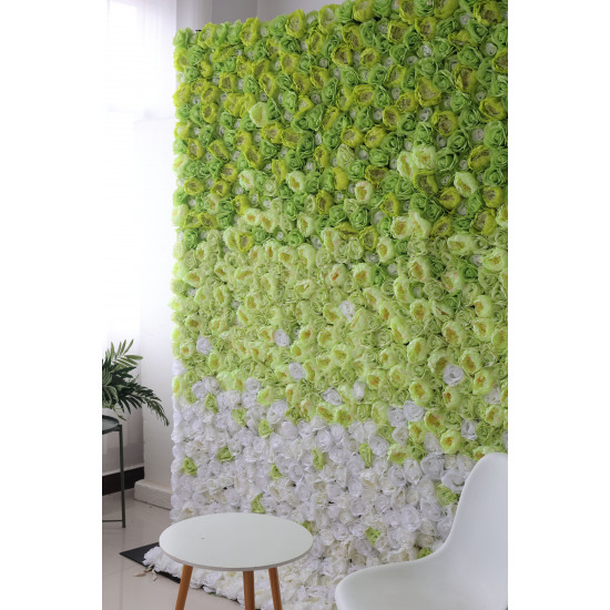 green and white roses and peonies cloth roll up flower wall fabric hanging curtain plant wall event party wedding backdrop