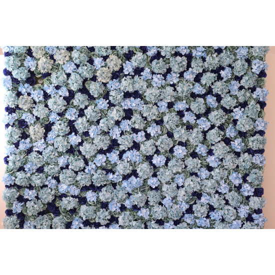 green roses and blue roses and hydrangeas cloth roll up flower wall fabric hanging curtain plant wall event party wedding backdrop