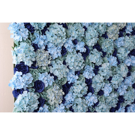 green roses and blue roses and hydrangeas cloth roll up flower wall fabric hanging curtain plant wall event party wedding backdrop