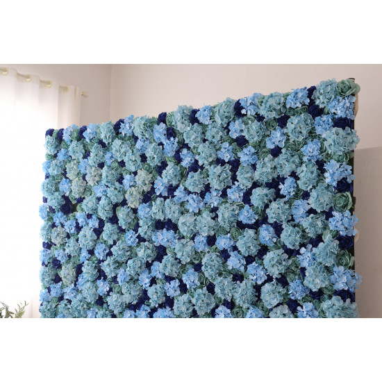 green roses and blue roses and hydrangeas cloth roll up flower wall fabric hanging curtain plant wall event party wedding backdrop