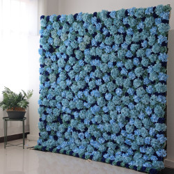 green roses and blue roses and hydrangeas cloth roll up flower wall fabric hanging curtain plant wall event party wedding backdrop
