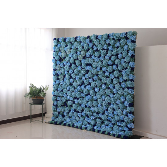 green roses and blue roses and hydrangeas cloth roll up flower wall fabric hanging curtain plant wall event party wedding backdrop