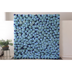 green roses and blue roses and hydrangeas cloth roll up flower wall fabric hanging curtain plant wall event party wedding backdrop