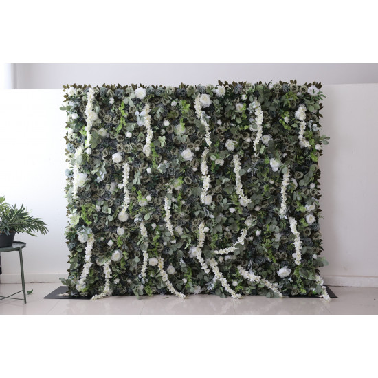 green roses and white peonies and green leaves cloth roll up flower wall fabric hanging curtain plant wall event party wedding backdrop