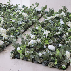 green roses and white peonies and green leaves cloth roll up flower wall fabric hanging curtain plant wall event party wedding backdrop