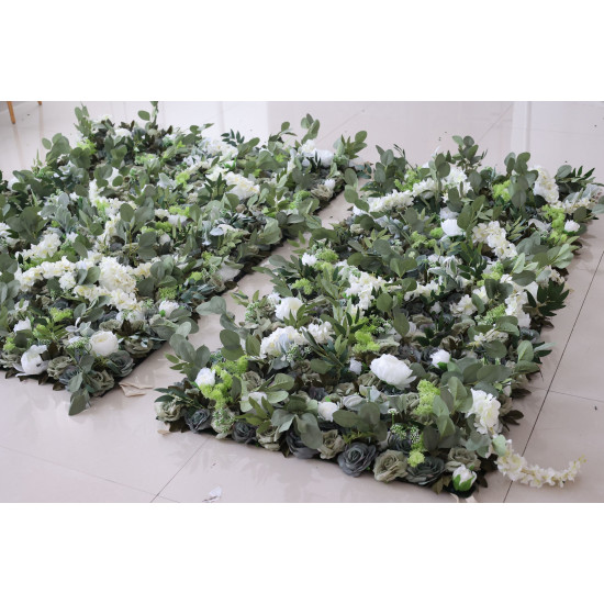 green roses and white peonies and green leaves cloth roll up flower wall fabric hanging curtain plant wall event party wedding backdrop