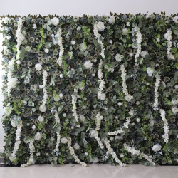 green roses and white peonies and green leaves cloth roll up flower wall fabric hanging curtain plant wall event party wedding backdrop